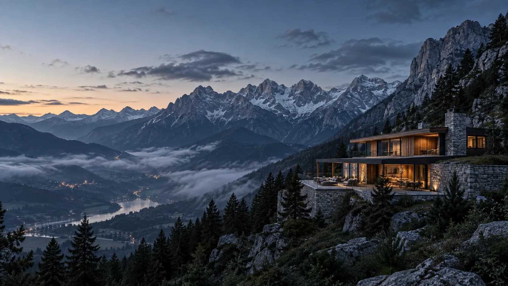 Fictional contemporary architecture in an Alpine landscape
