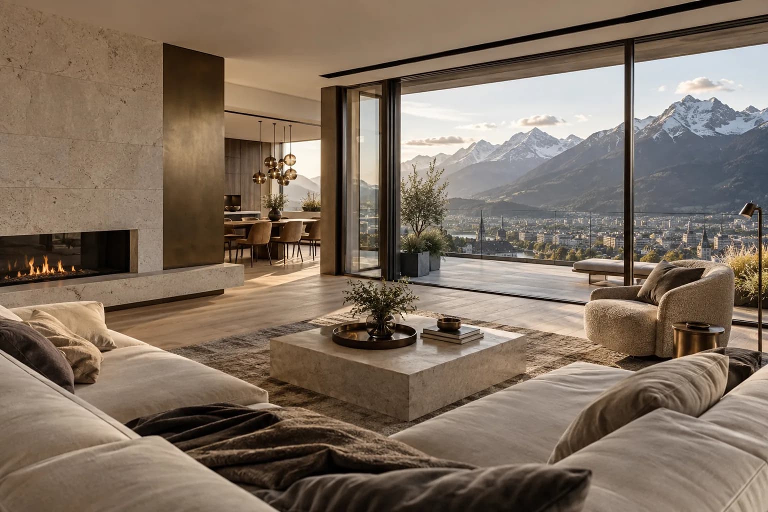 Fictional penthouse with Alpine view
